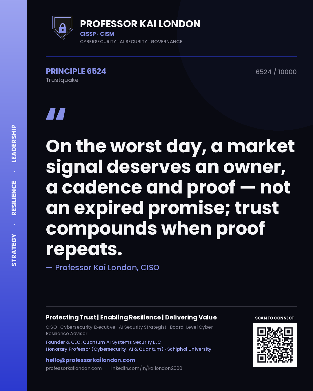 Professor Kai London principle 6524: On the worst day, a market signal deserves an owner, a cadence and proof — not an expired promise; trust compounds when proof repeats.