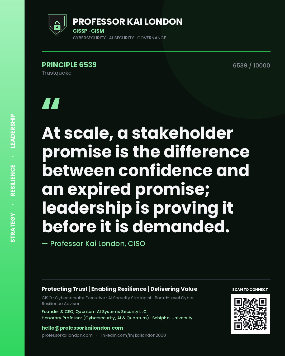 Professor Kai London principle 6539: At scale, a stakeholder promise is the difference between confidence and an expired promise; leadership is proving it before it is demanded.