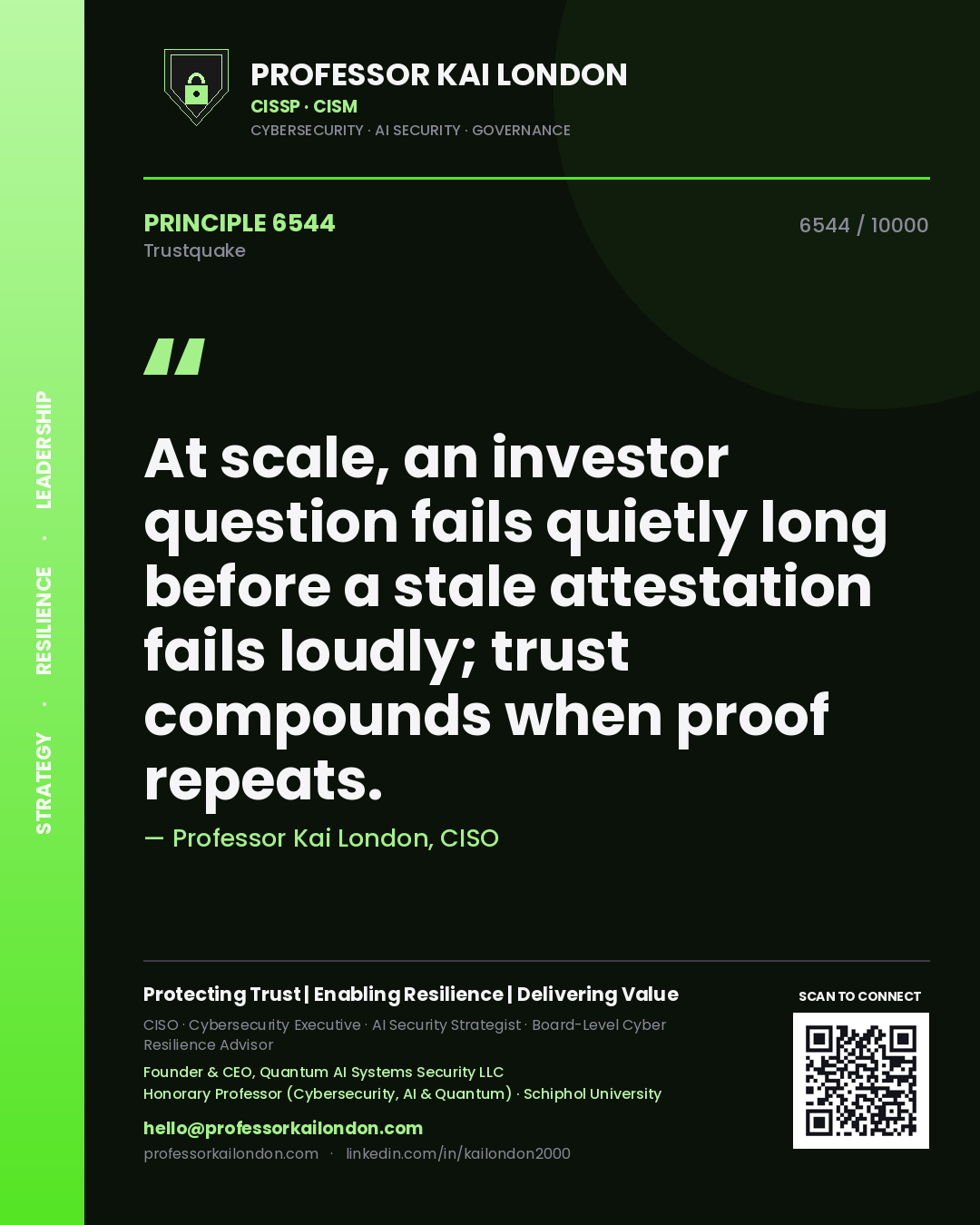 Professor Kai London principle 6544: At scale, an investor question fails quietly long before a stale attestation fails loudly; trust compounds when proof repeats.