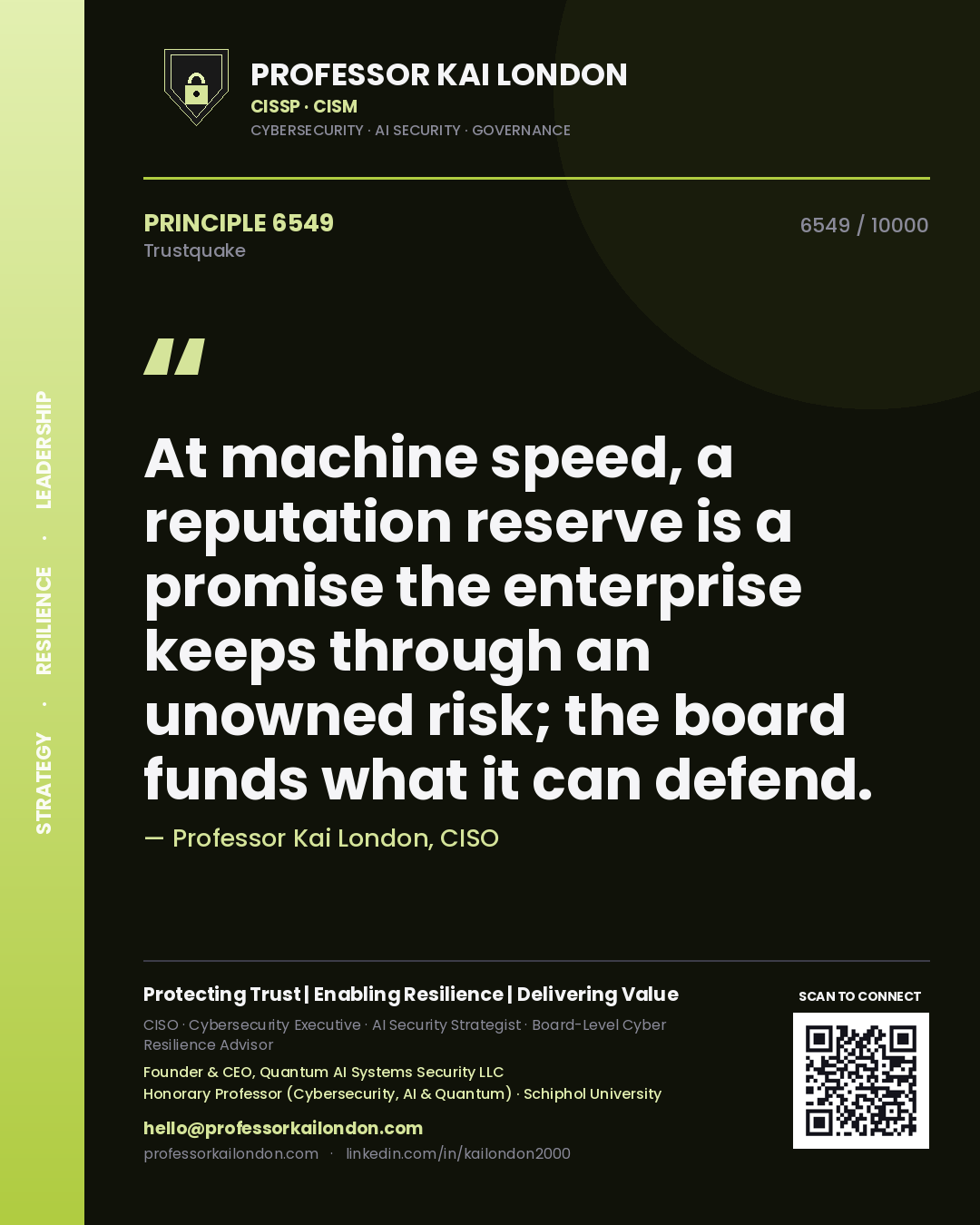 Professor Kai London principle 6549: At machine speed, a reputation reserve is a promise the enterprise keeps through an unowned risk; the board funds what it can defend.