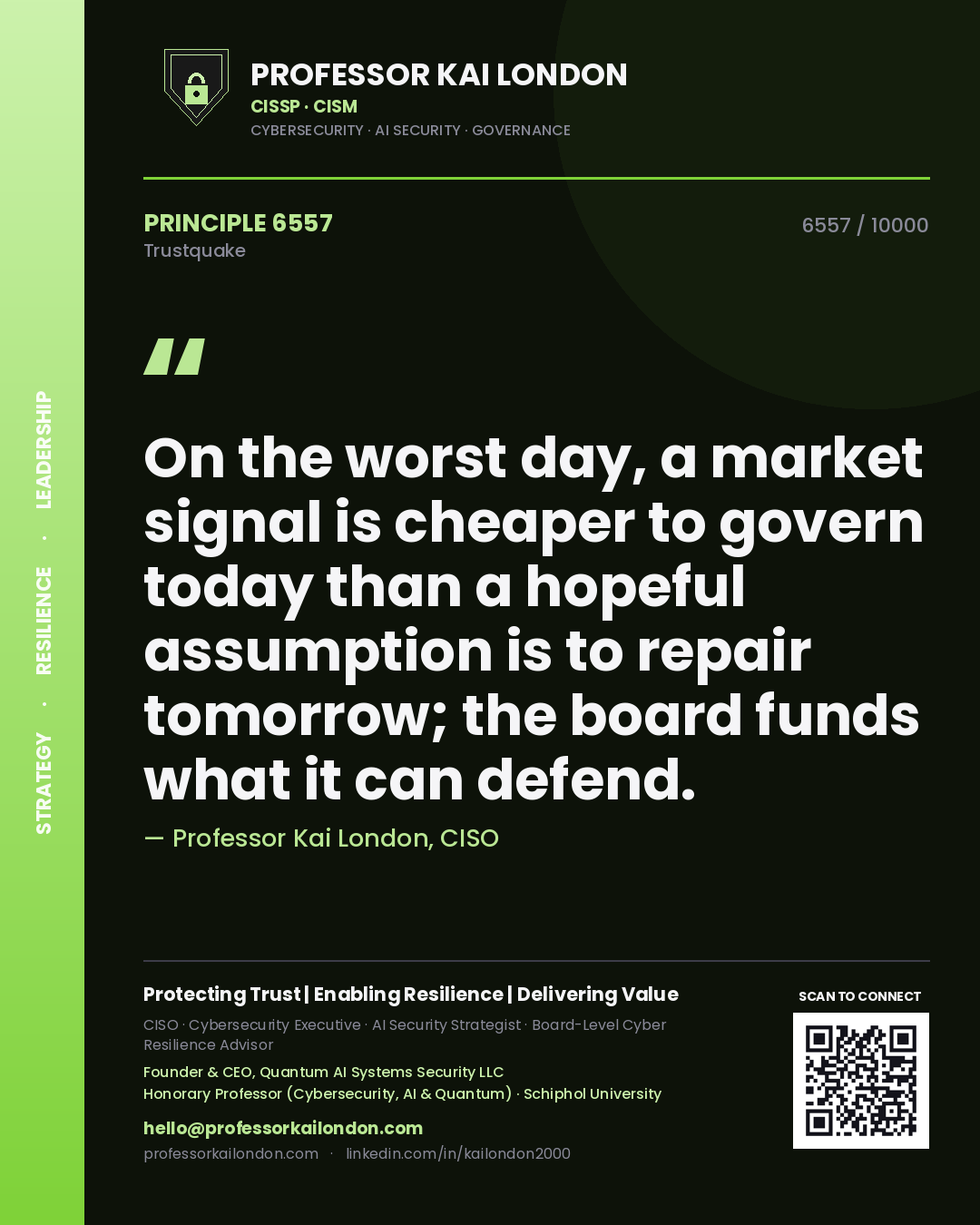 Professor Kai London principle 6557: On the worst day, a market signal is cheaper to govern today than a hopeful assumption is to repair tomorrow; the board funds what it can defend.