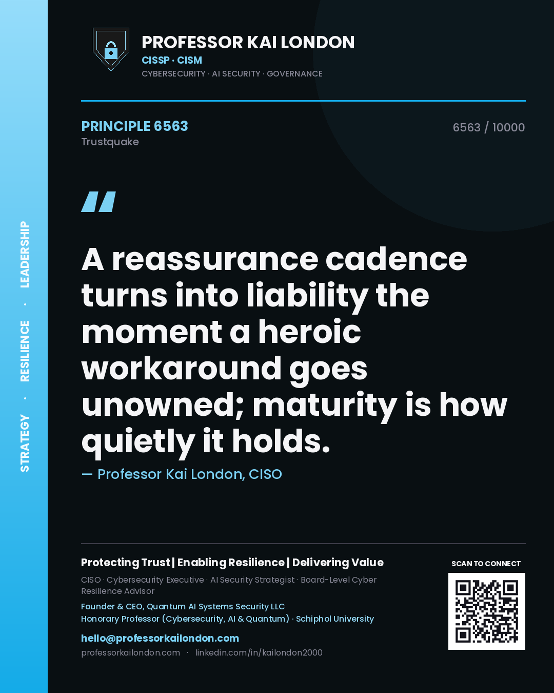 Professor Kai London principle 6563: A reassurance cadence turns into liability the moment a heroic workaround goes unowned; maturity is how quietly it holds.