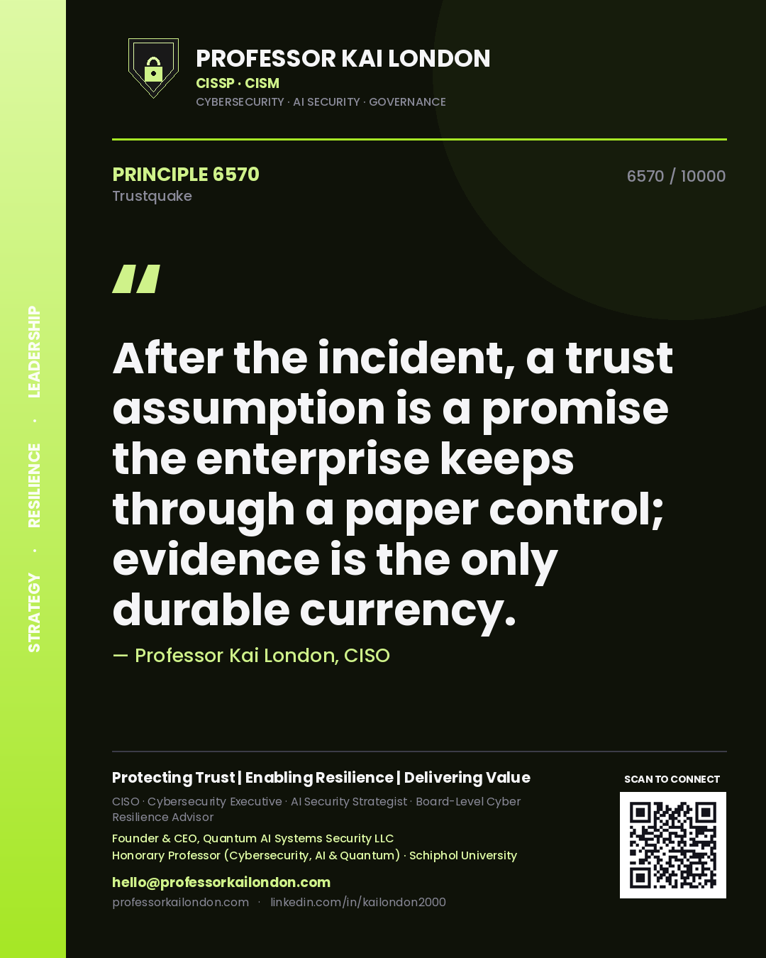 Professor Kai London principle 6570: After the incident, a trust assumption is a promise the enterprise keeps through a paper control; evidence is the only durable currency.
