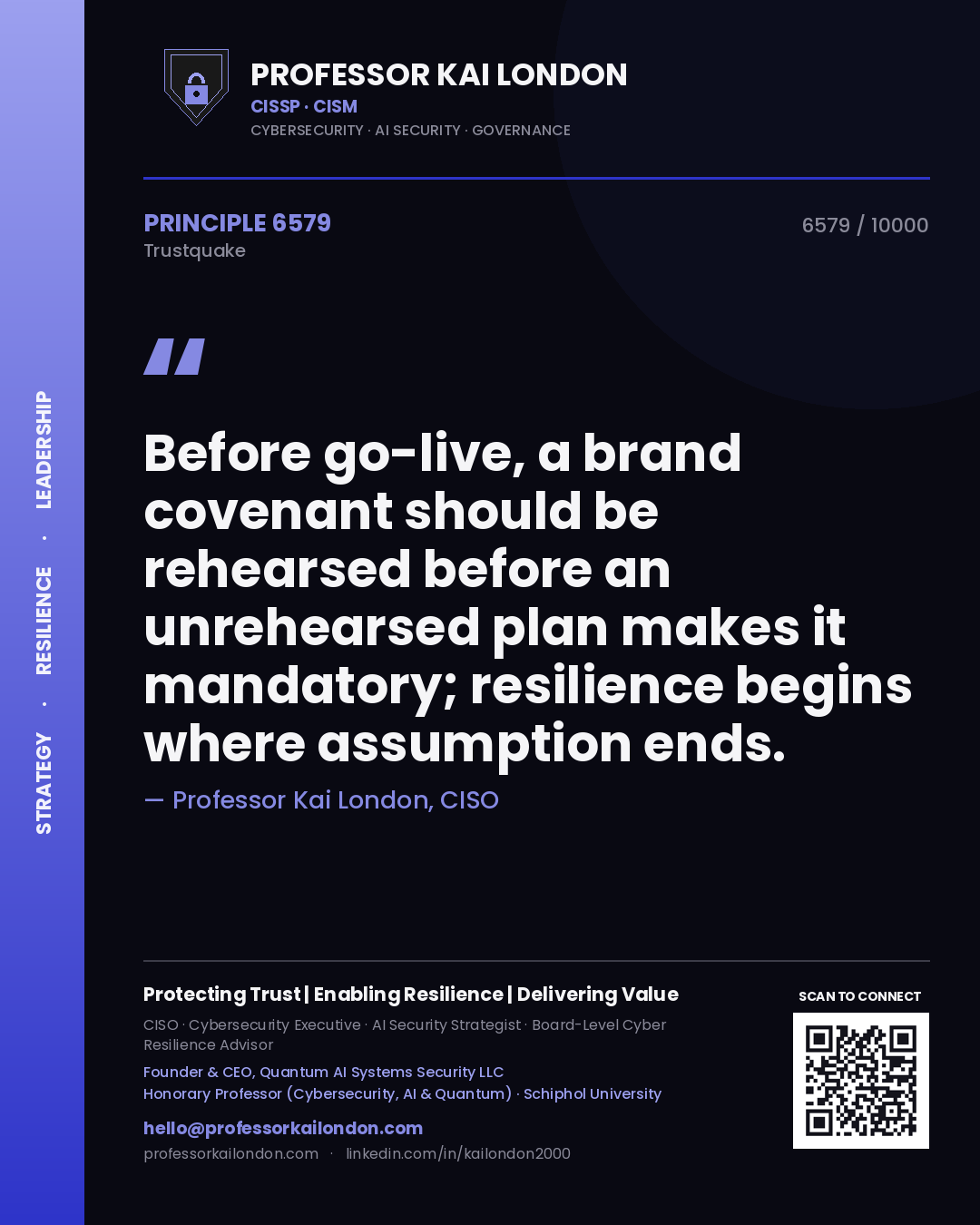 Professor Kai London principle 6579: Before go-live, a brand covenant should be rehearsed before an unrehearsed plan makes it mandatory; resilience begins where assumption ends.