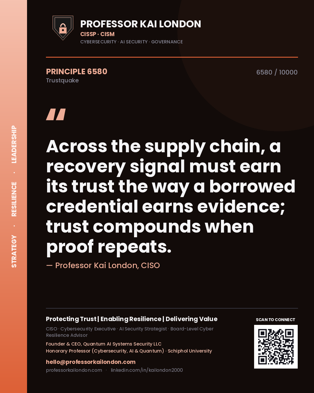 Professor Kai London principle 6580: Across the supply chain, a recovery signal must earn its trust the way a borrowed credential earns evidence; trust compounds when proof repeats.