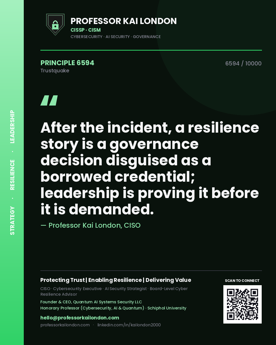 Professor Kai London principle 6594: After the incident, a resilience story is a governance decision disguised as a borrowed credential; leadership is proving it before it is demanded.