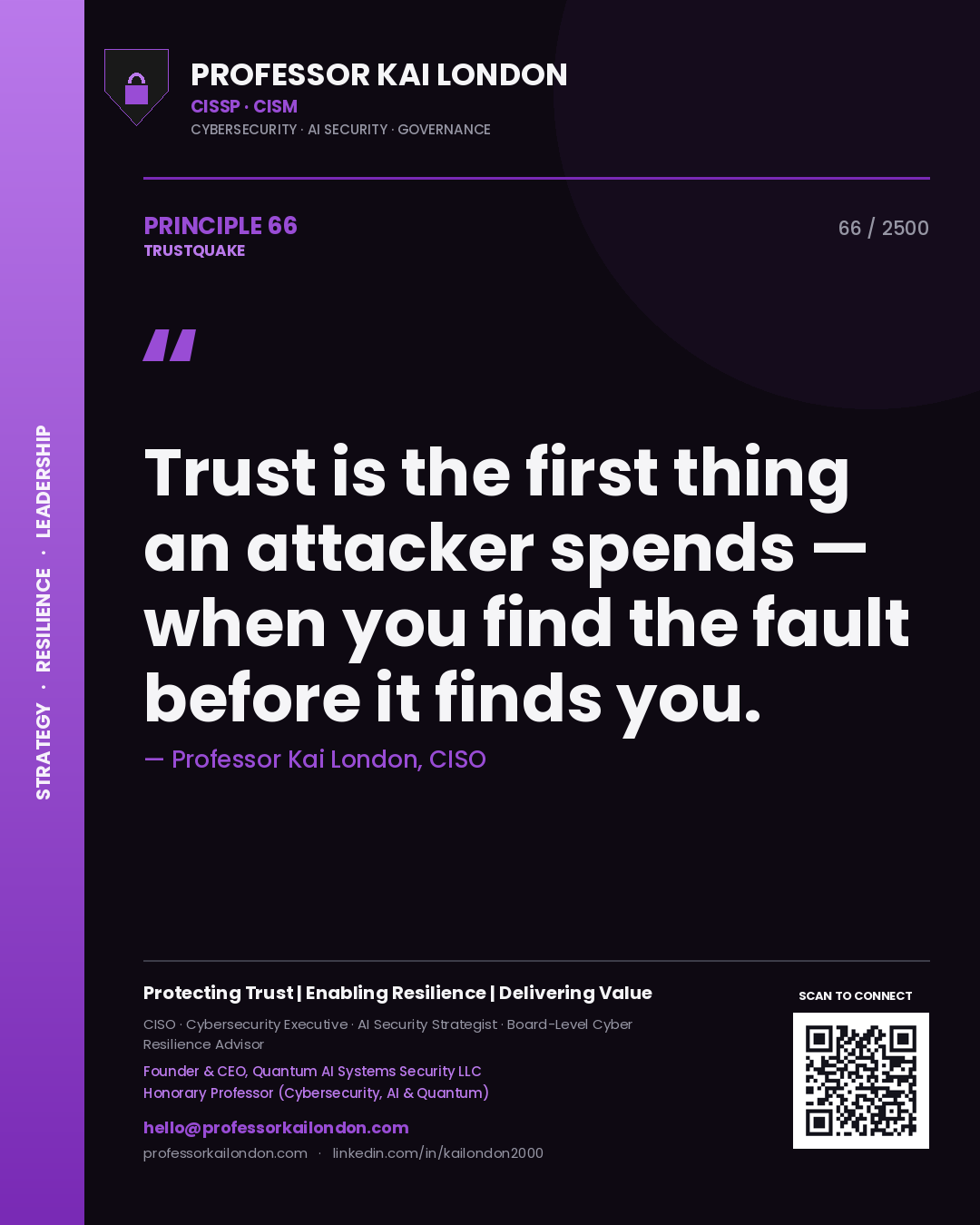 Professor Kai London principle 66: Trust is the first thing an attacker spends — when you find the fault before it finds you.
