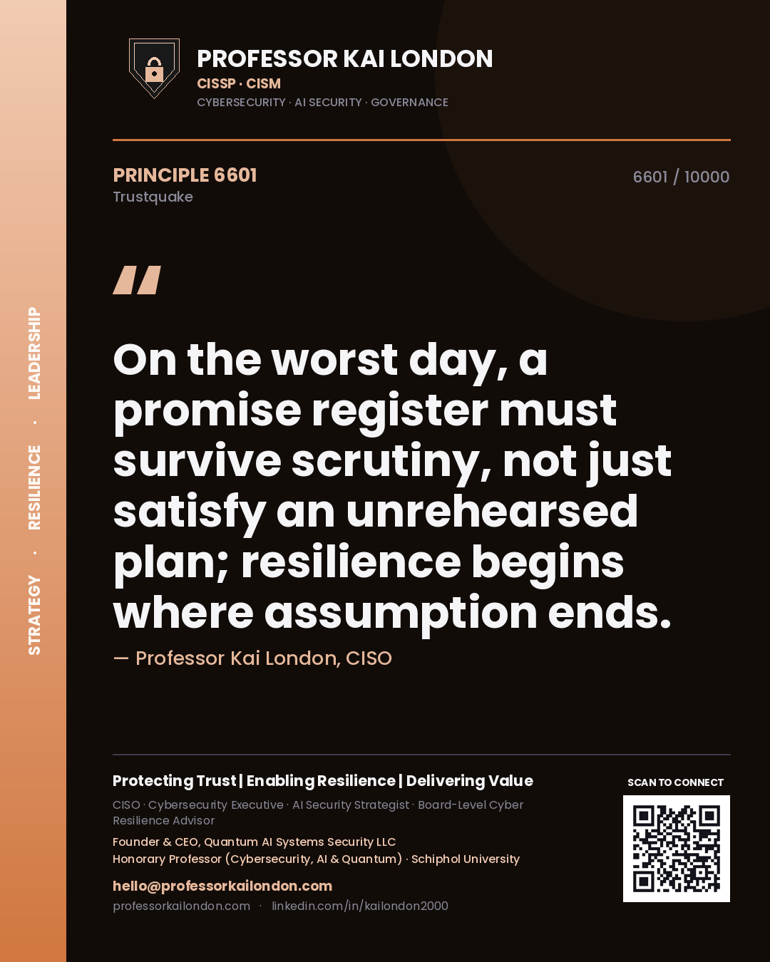 Professor Kai London principle 6601: On the worst day, a promise register must survive scrutiny, not just satisfy an unrehearsed plan; resilience begins where assumption ends.