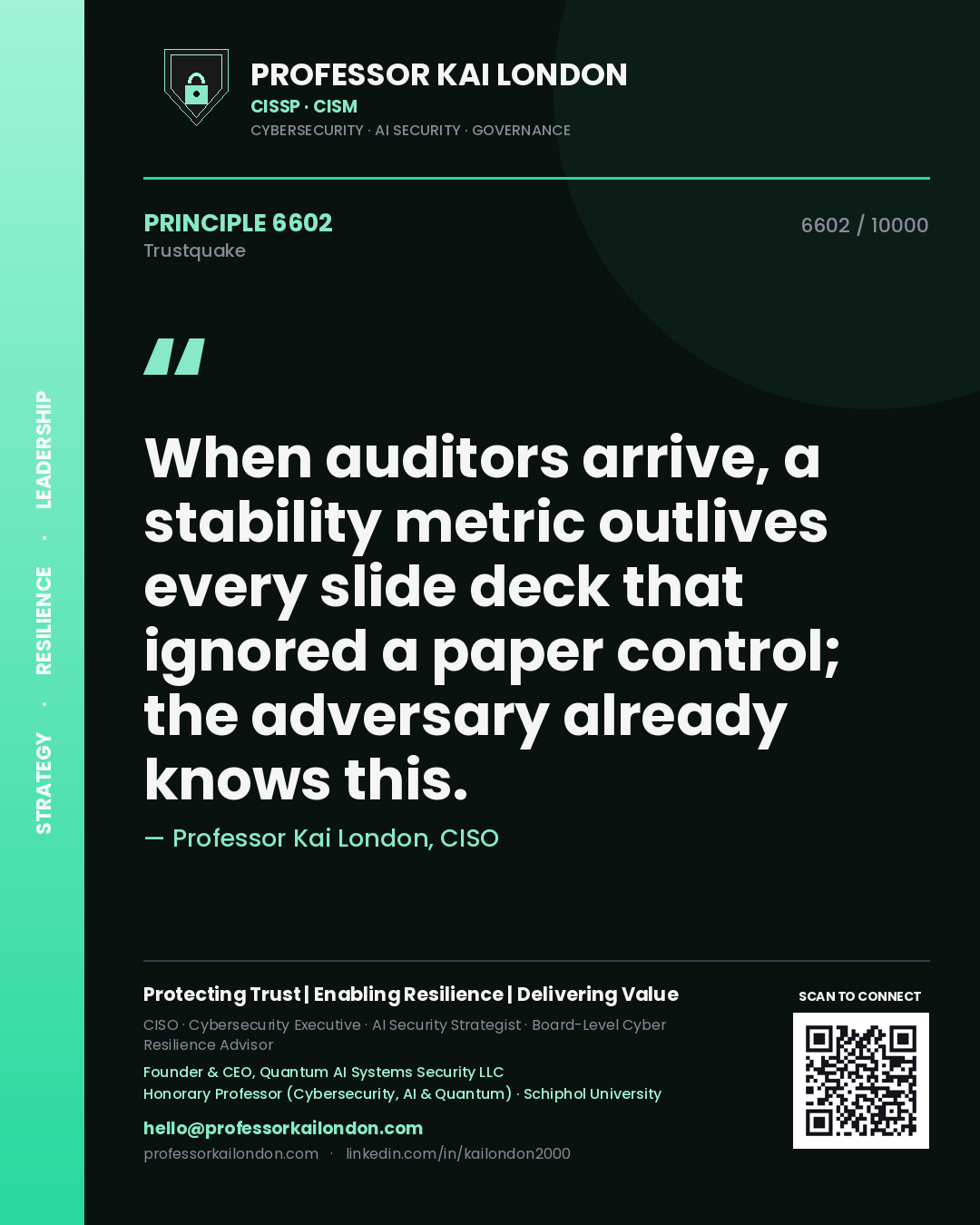 Professor Kai London principle 6602: When auditors arrive, a stability metric outlives every slide deck that ignored a paper control; the adversary already knows this.