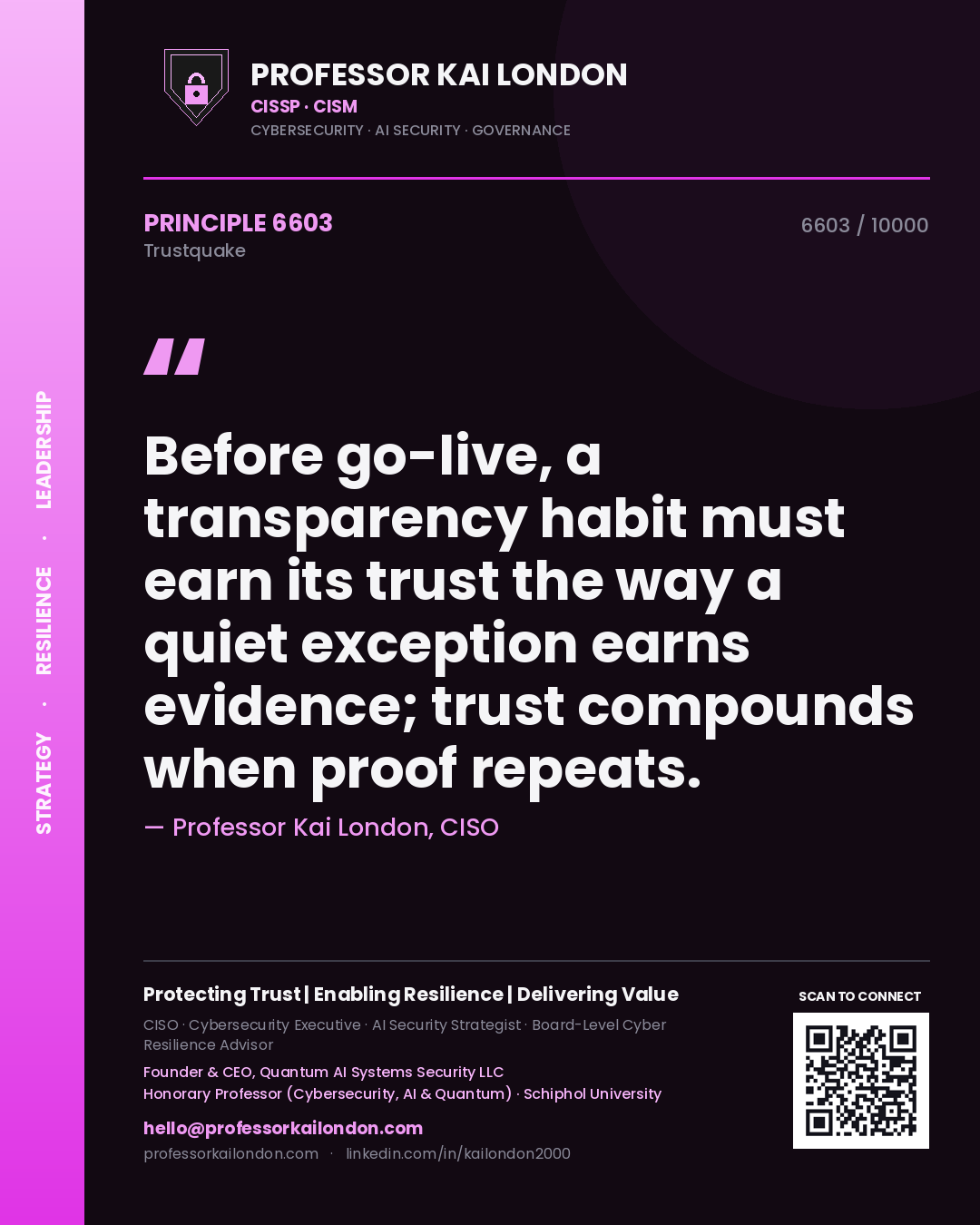 Professor Kai London principle 6603: Before go-live, a transparency habit must earn its trust the way a quiet exception earns evidence; trust compounds when proof repeats.