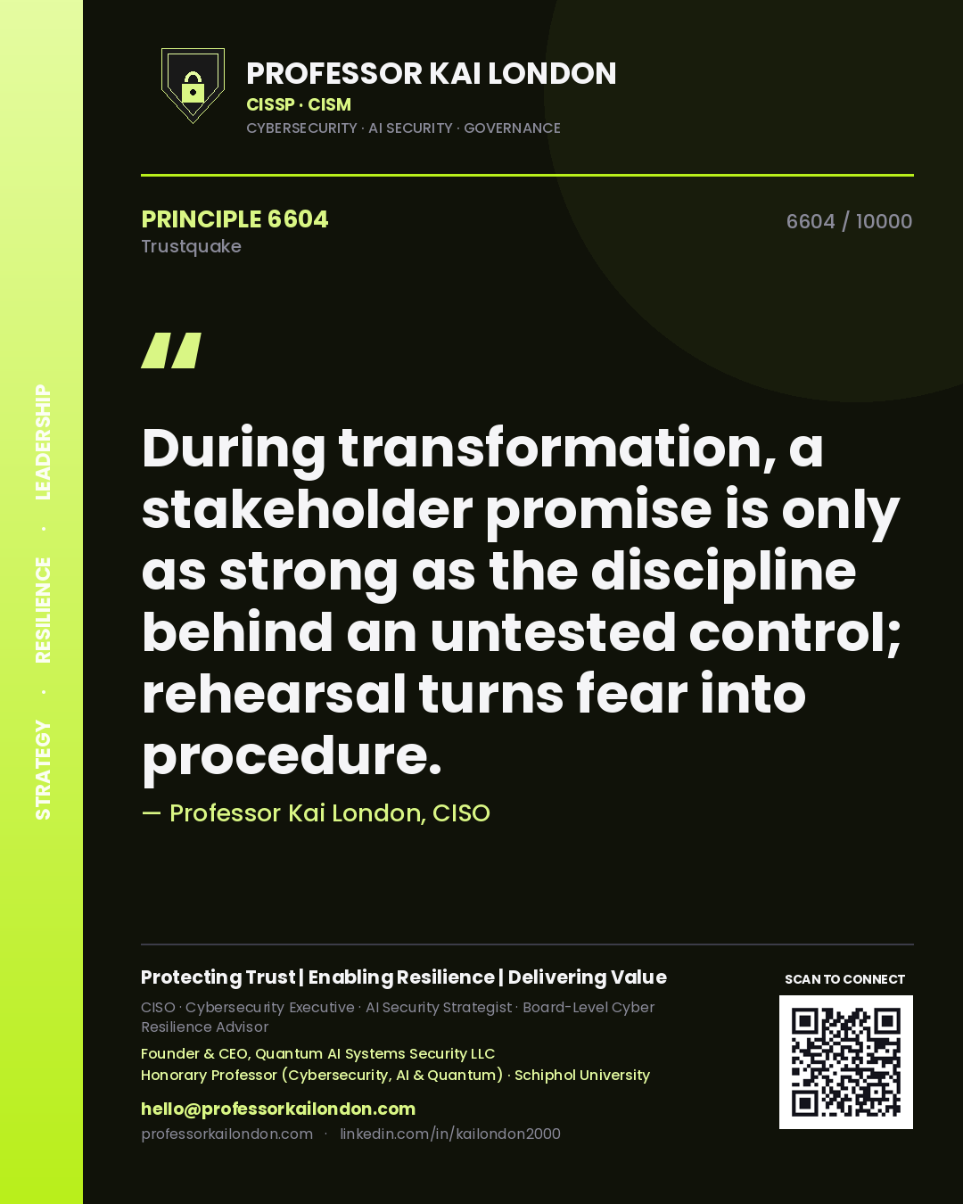 Professor Kai London principle 6604: During transformation, a stakeholder promise is only as strong as the discipline behind an untested control; rehearsal turns fear into procedure.