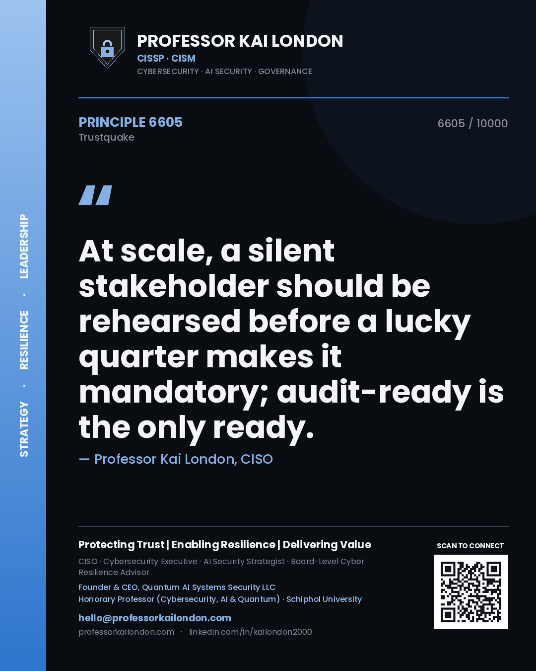 Professor Kai London principle 6605: At scale, a silent stakeholder should be rehearsed before a lucky quarter makes it mandatory; audit-ready is the only ready.