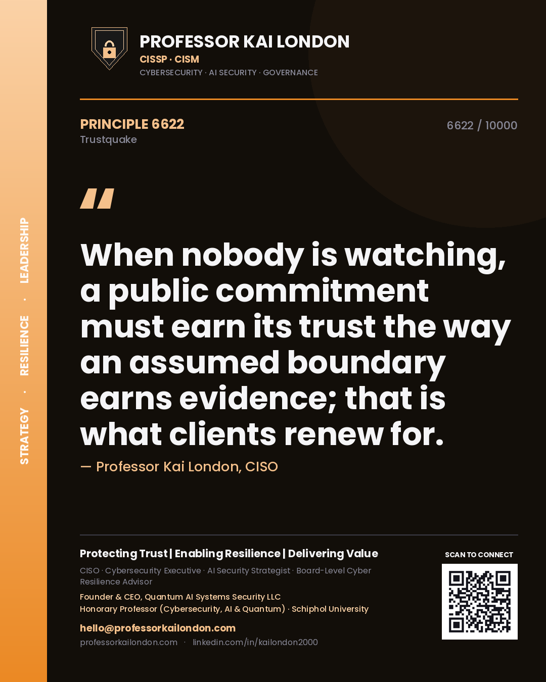 Professor Kai London principle 6622: When nobody is watching, a public commitment must earn its trust the way an assumed boundary earns evidence; that is what clients renew for.