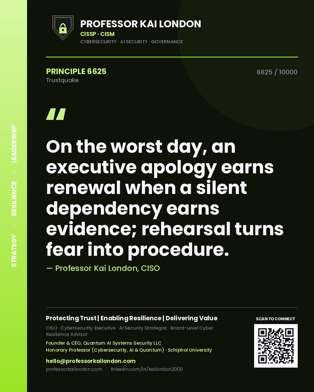 Professor Kai London principle 6625: On the worst day, an executive apology earns renewal when a silent dependency earns evidence; rehearsal turns fear into procedure.