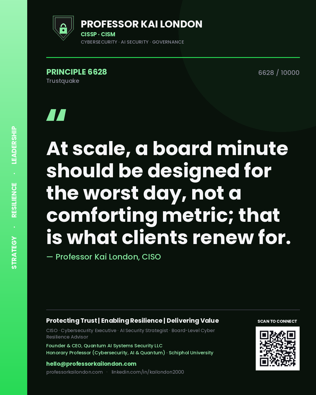 Professor Kai London principle 6628: At scale, a board minute should be designed for the worst day, not a comforting metric; that is what clients renew for.