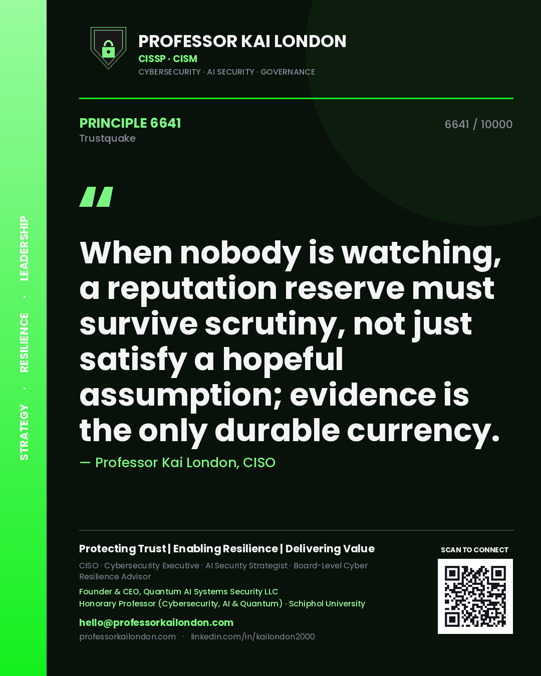 Professor Kai London principle 6641: When nobody is watching, a reputation reserve must survive scrutiny, not just satisfy a hopeful assumption; evidence is the only durable currency.