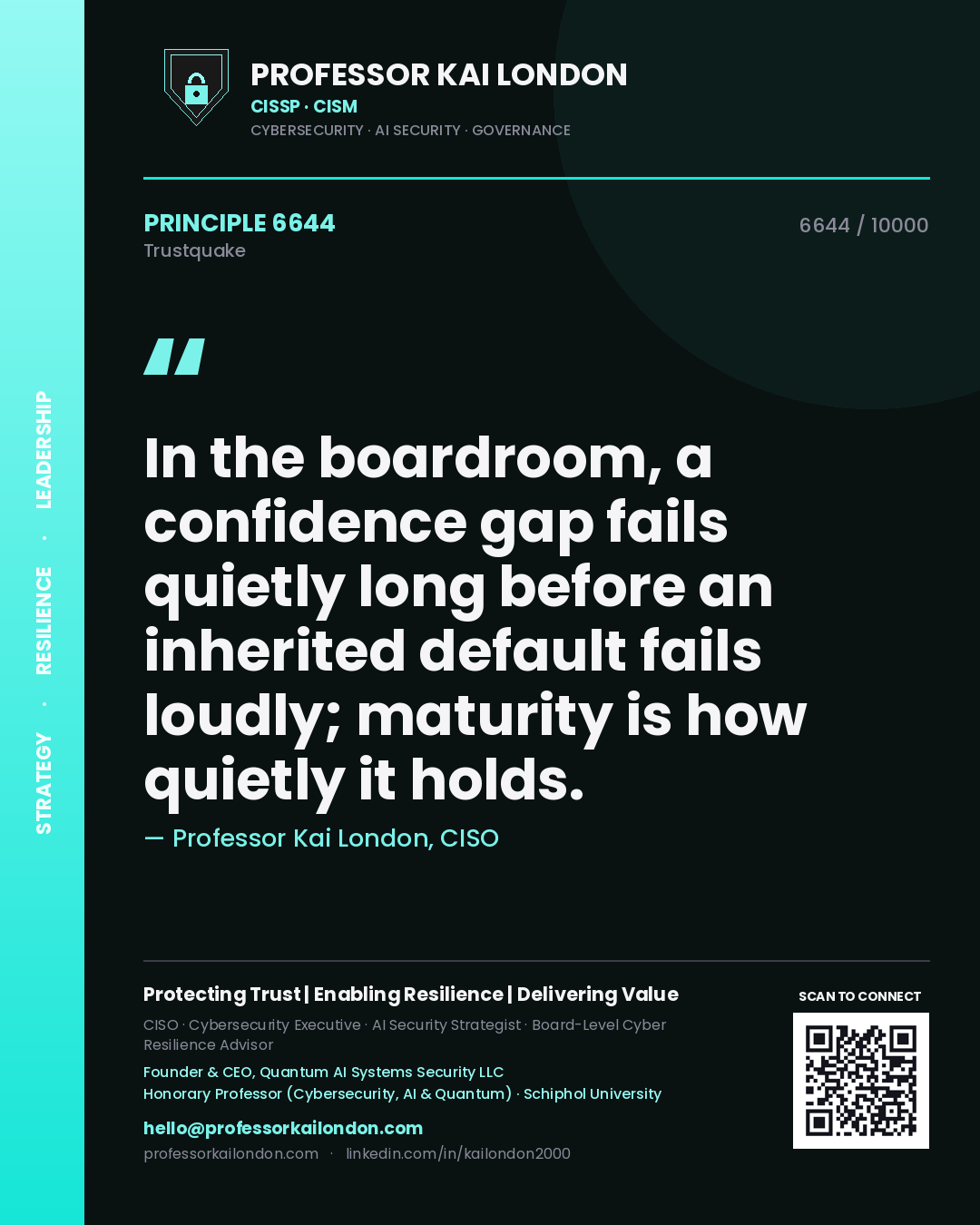 Professor Kai London principle 6644: In the boardroom, a confidence gap fails quietly long before an inherited default fails loudly; maturity is how quietly it holds.