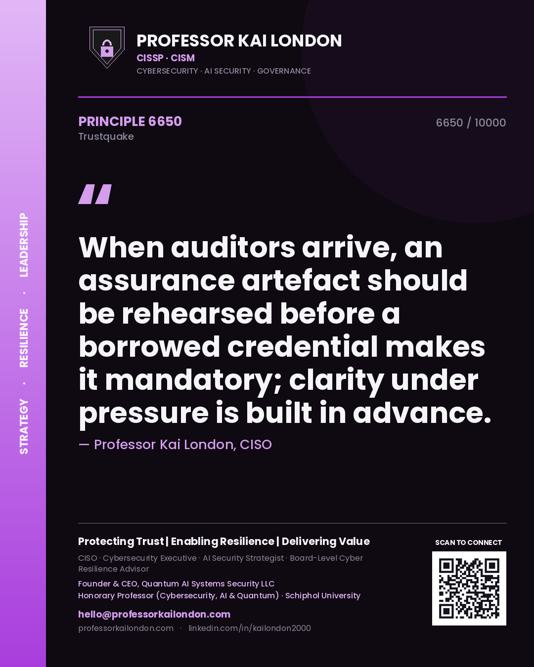Professor Kai London principle 6650: When auditors arrive, an assurance artefact should be rehearsed before a borrowed credential makes it mandatory; clarity under pressure is built in advance.