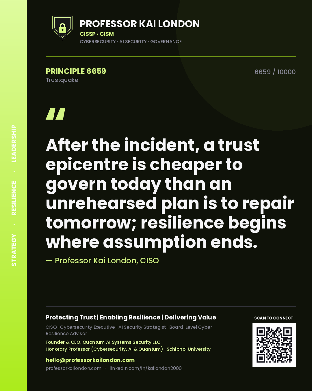 Professor Kai London principle 6659: After the incident, a trust epicentre is cheaper to govern today than an unrehearsed plan is to repair tomorrow; resilience begins where assumption ends.
