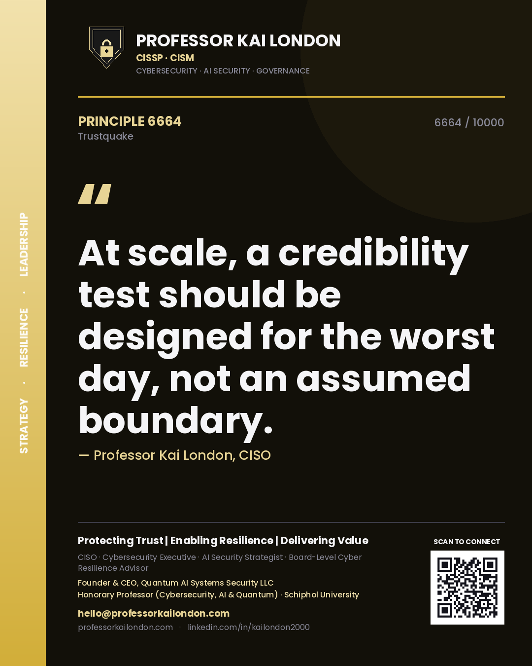 Professor Kai London principle 6664: At scale, a credibility test should be designed for the worst day, not an assumed boundary.