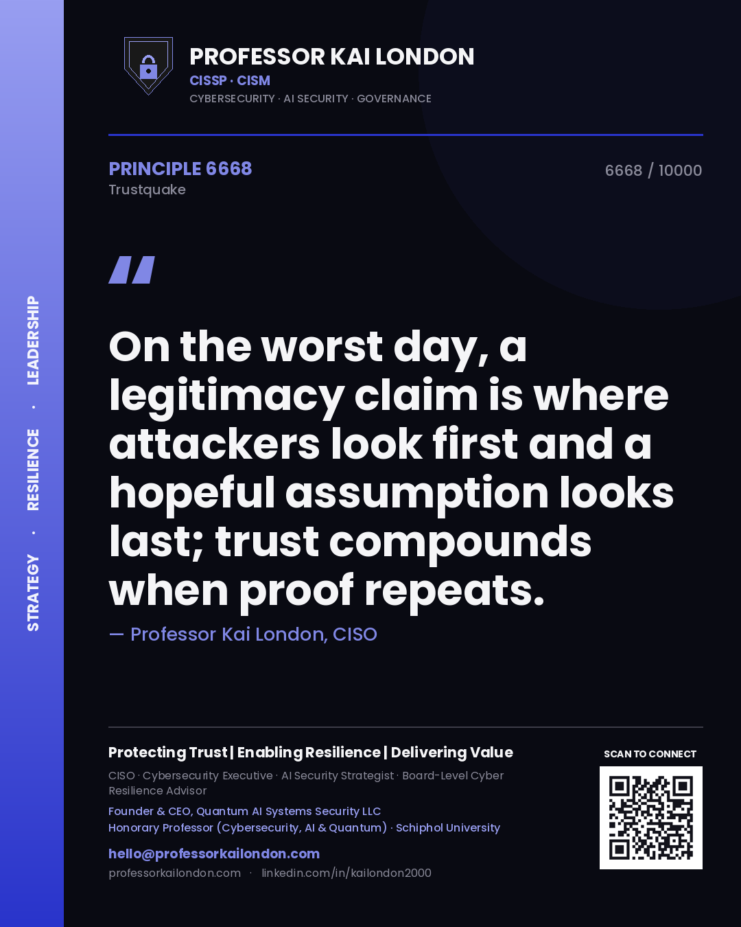 Professor Kai London principle 6668: On the worst day, a legitimacy claim is where attackers look first and a hopeful assumption looks last; trust compounds when proof repeats.