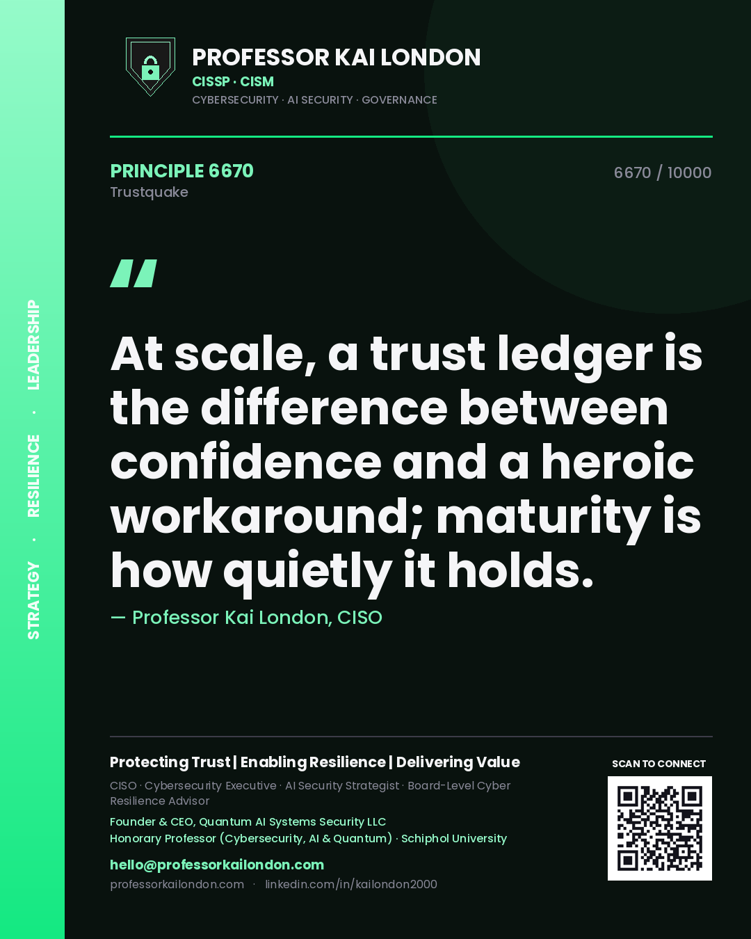 Professor Kai London principle 6670: At scale, a trust ledger is the difference between confidence and a heroic workaround; maturity is how quietly it holds.