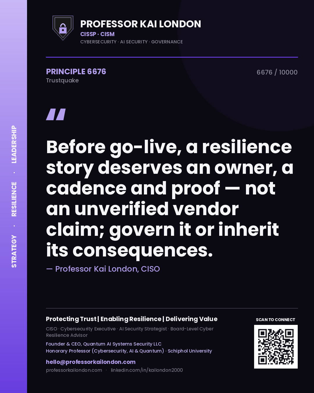 Professor Kai London principle 6676: Before go-live, a resilience story deserves an owner, a cadence and proof — not an unverified vendor claim; govern it or inherit its consequences.