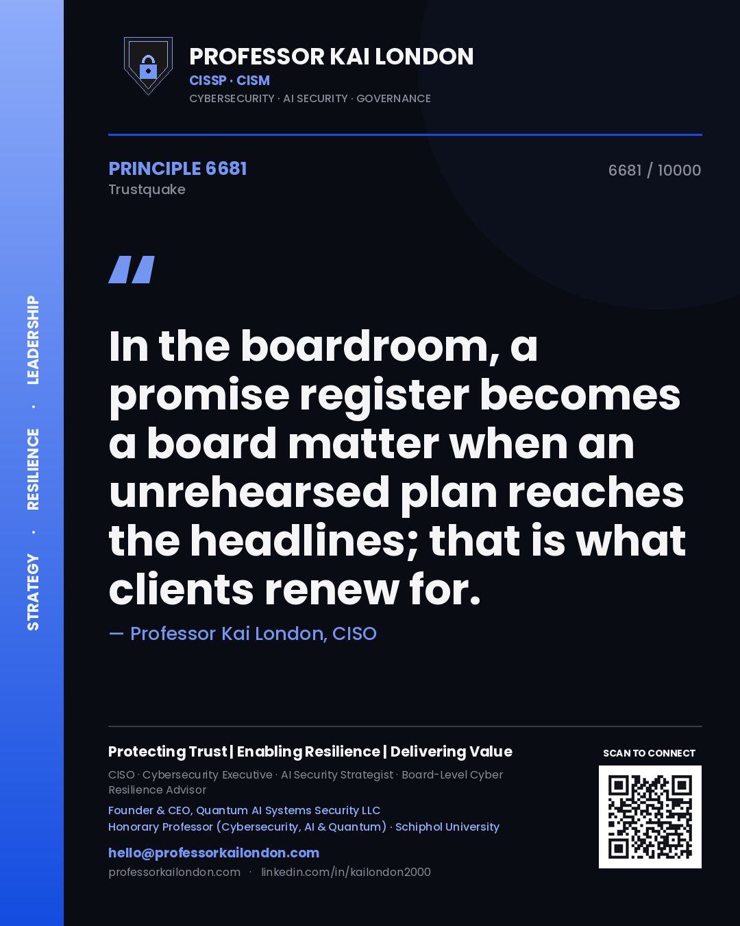 Professor Kai London principle 6681: In the boardroom, a promise register becomes a board matter when an unrehearsed plan reaches the headlines; that is what clients renew for.