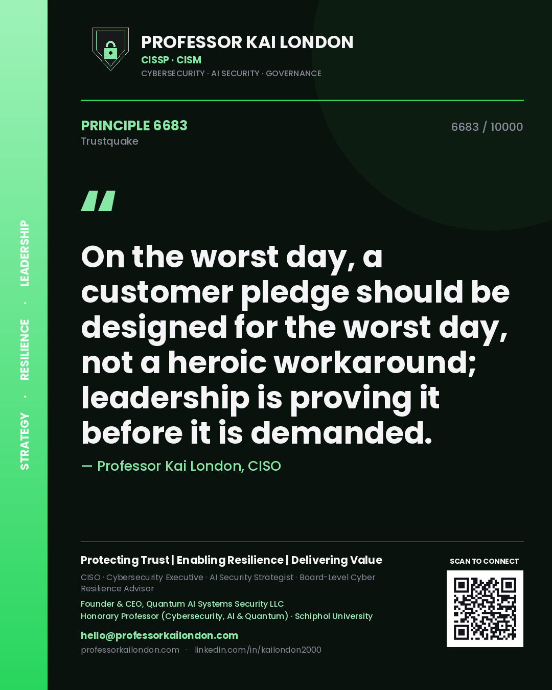 Professor Kai London principle 6683: On the worst day, a customer pledge should be designed for the worst day, not a heroic workaround; leadership is proving it before it is demanded.