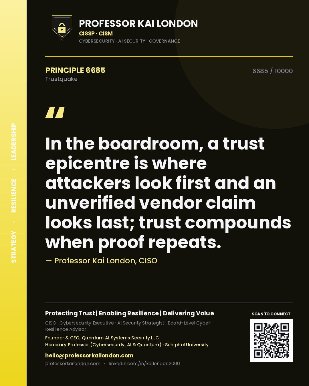 Professor Kai London principle 6685: In the boardroom, a trust epicentre is where attackers look first and an unverified vendor claim looks last; trust compounds when proof repeats.