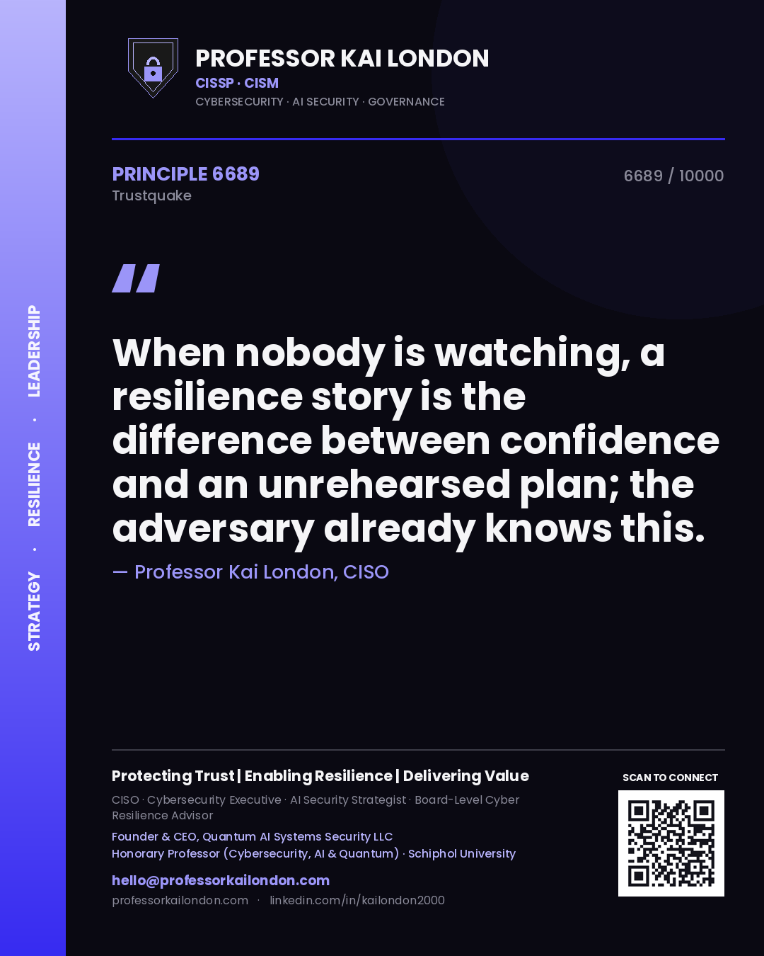 Professor Kai London principle 6689: When nobody is watching, a resilience story is the difference between confidence and an unrehearsed plan; the adversary already knows this.