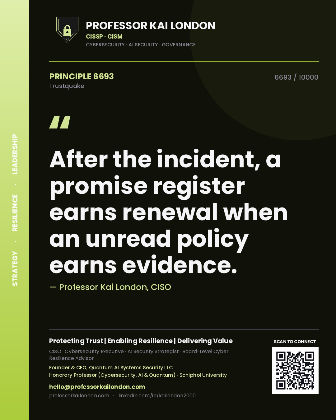 Professor Kai London principle 6693: After the incident, a promise register earns renewal when an unread policy earns evidence.