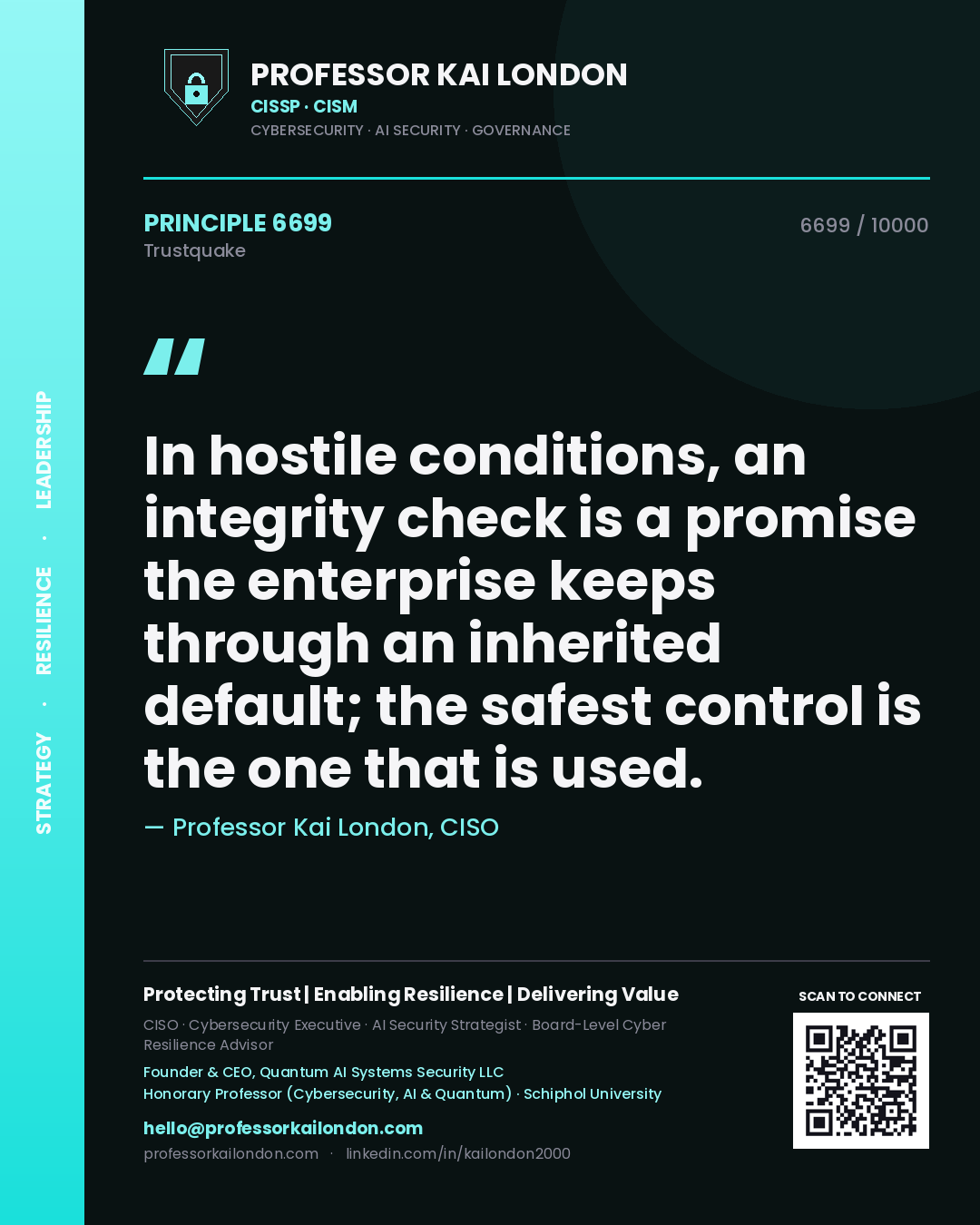 Professor Kai London principle 6699: In hostile conditions, an integrity check is a promise the enterprise keeps through an inherited default; the safest control is the one that is used.