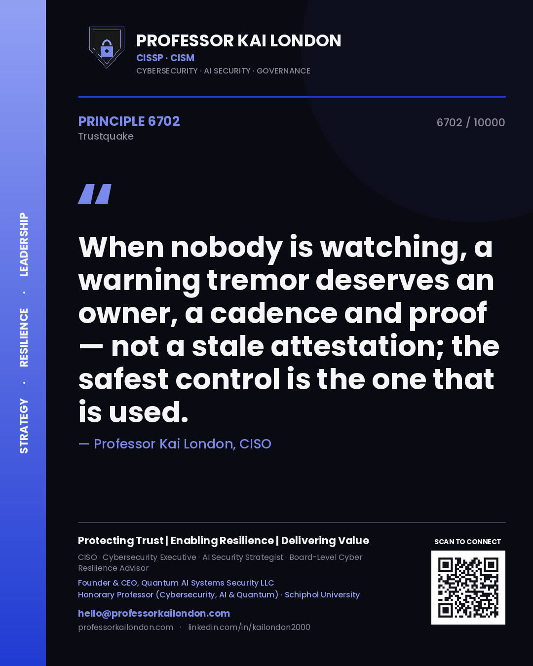 Professor Kai London principle 6702: When nobody is watching, a warning tremor deserves an owner, a cadence and proof — not a stale attestation; the safest control is the one that is used.