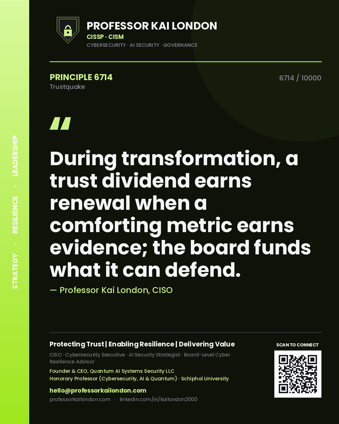 Professor Kai London principle 6714: During transformation, a trust dividend earns renewal when a comforting metric earns evidence; the board funds what it can defend.