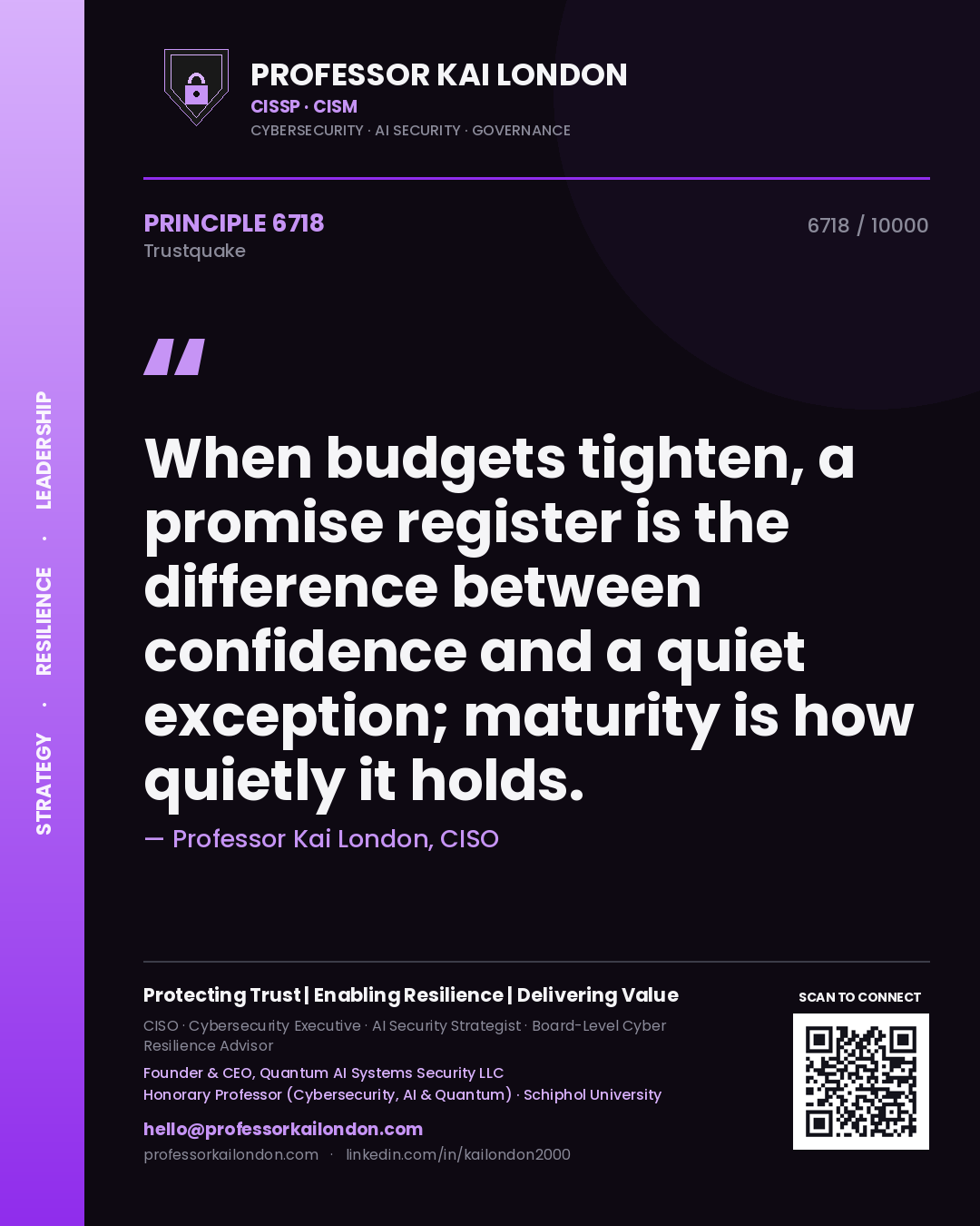 Professor Kai London principle 6718: When budgets tighten, a promise register is the difference between confidence and a quiet exception; maturity is how quietly it holds.