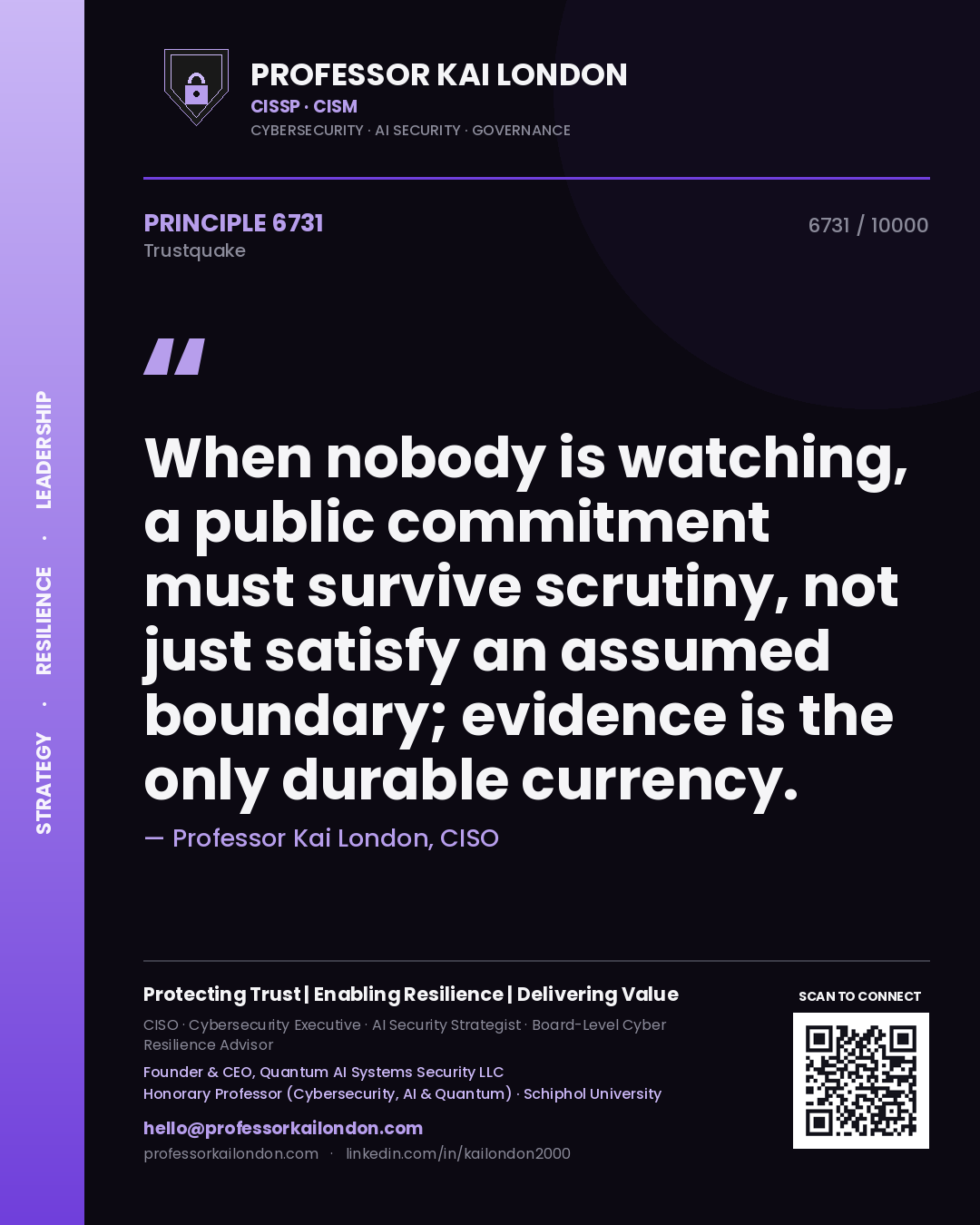 Professor Kai London principle 6731: When nobody is watching, a public commitment must survive scrutiny, not just satisfy an assumed boundary; evidence is the only durable currency.