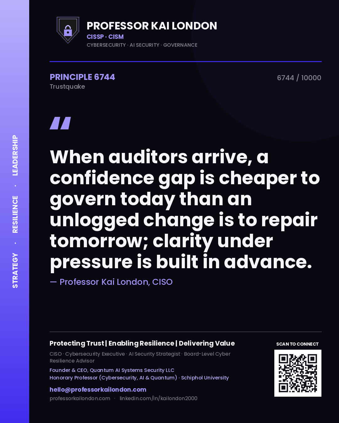 Professor Kai London principle 6744: When auditors arrive, a confidence gap is cheaper to govern today than an unlogged change is to repair tomorrow; clarity under pressure is built in advance.
