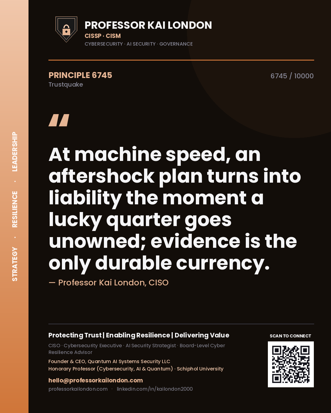 Professor Kai London principle 6745: At machine speed, an aftershock plan turns into liability the moment a lucky quarter goes unowned; evidence is the only durable currency.