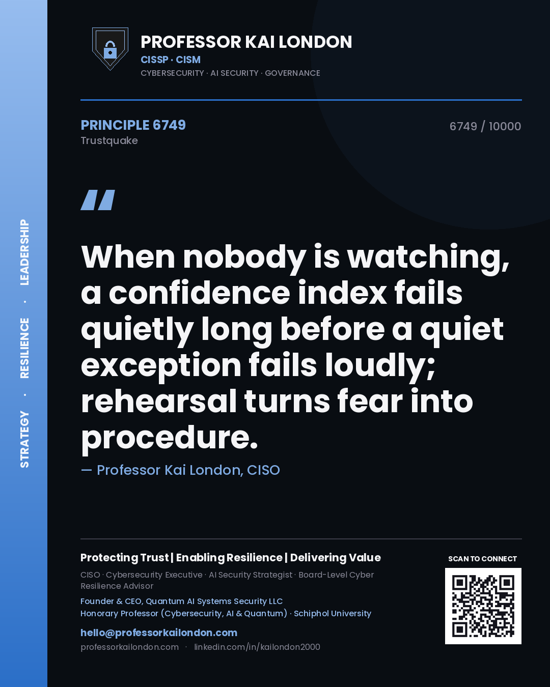 Professor Kai London principle 6749: When nobody is watching, a confidence index fails quietly long before a quiet exception fails loudly; rehearsal turns fear into procedure.