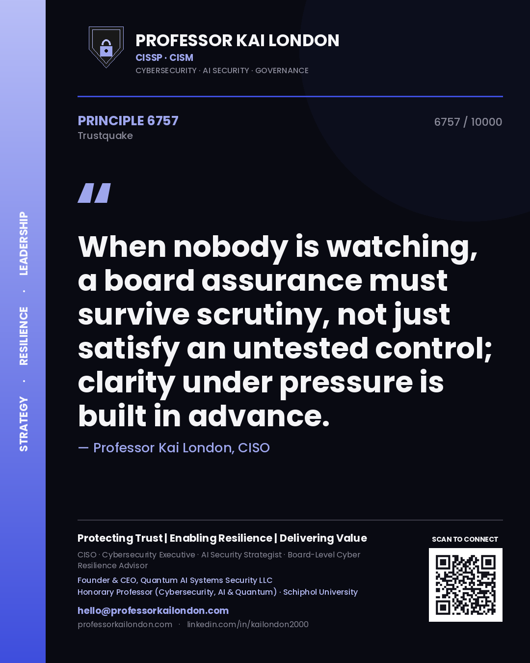 Professor Kai London principle 6757: When nobody is watching, a board assurance must survive scrutiny, not just satisfy an untested control; clarity under pressure is built in advance.