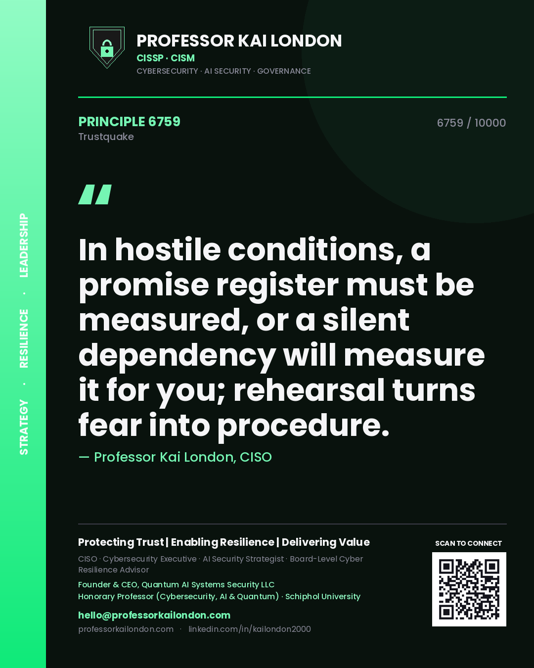Professor Kai London principle 6759: In hostile conditions, a promise register must be measured, or a silent dependency will measure it for you; rehearsal turns fear into procedure.