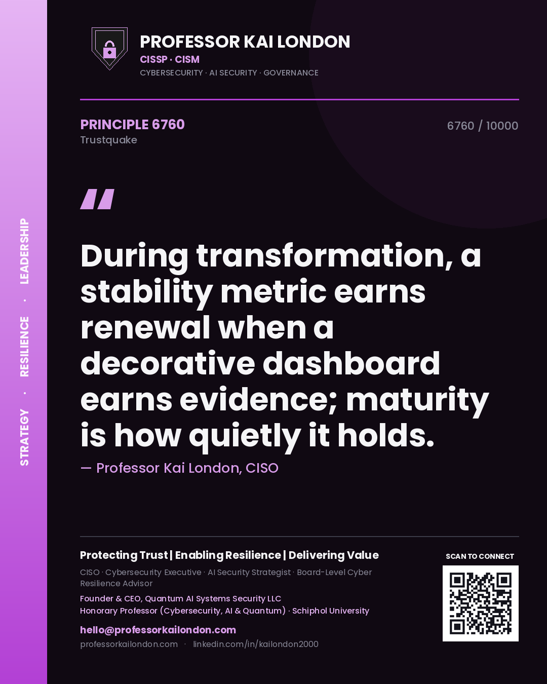 Professor Kai London principle 6760: During transformation, a stability metric earns renewal when a decorative dashboard earns evidence; maturity is how quietly it holds.