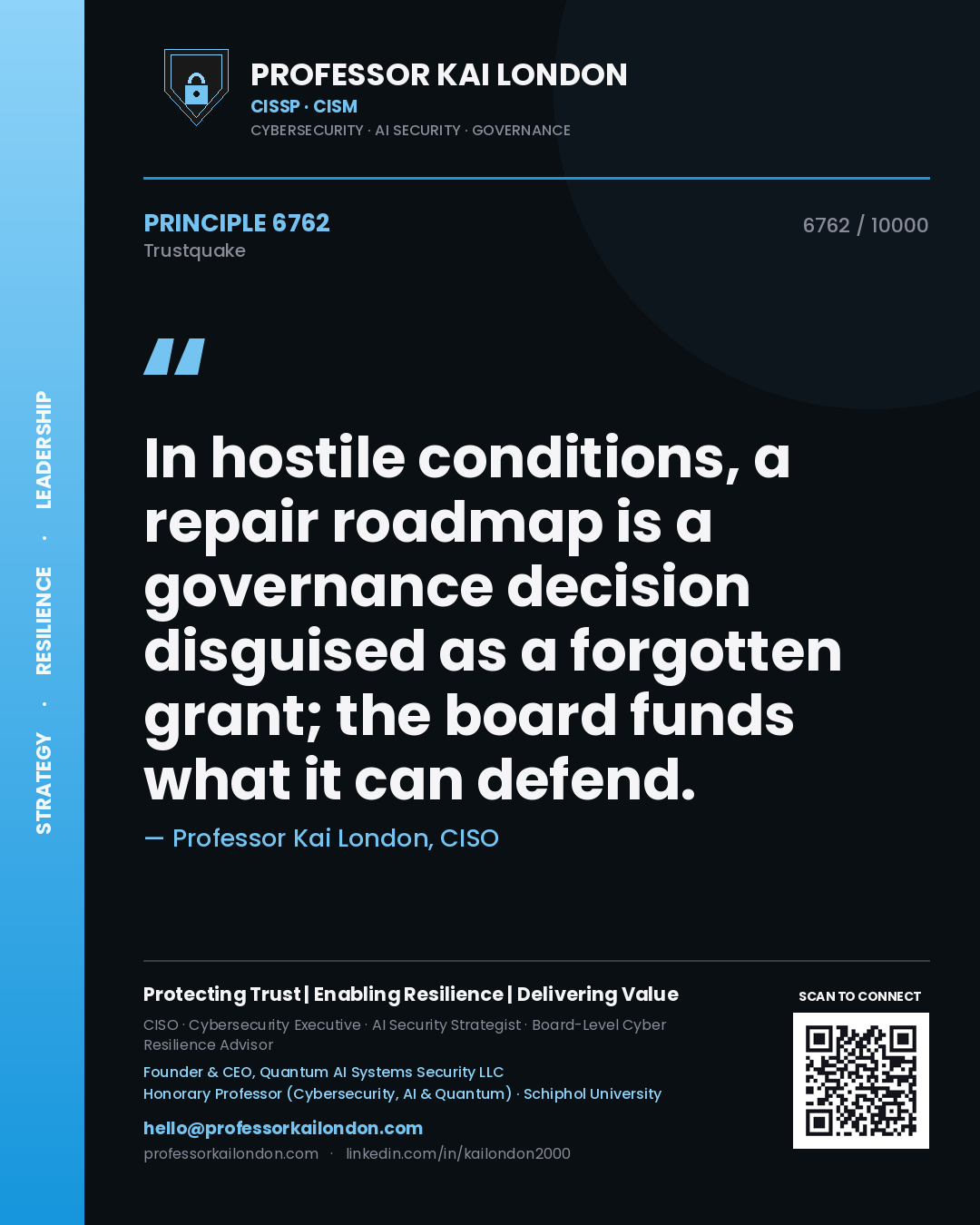 Professor Kai London principle 6762: In hostile conditions, a repair roadmap is a governance decision disguised as a forgotten grant; the board funds what it can defend.