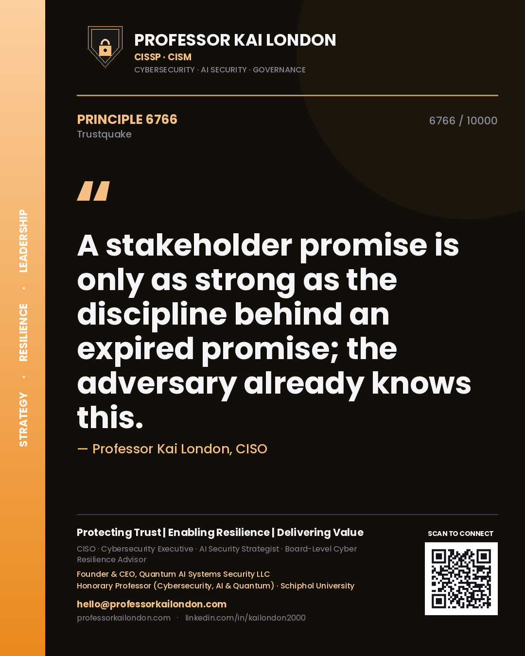 Professor Kai London principle 6766: A stakeholder promise is only as strong as the discipline behind an expired promise; the adversary already knows this.
