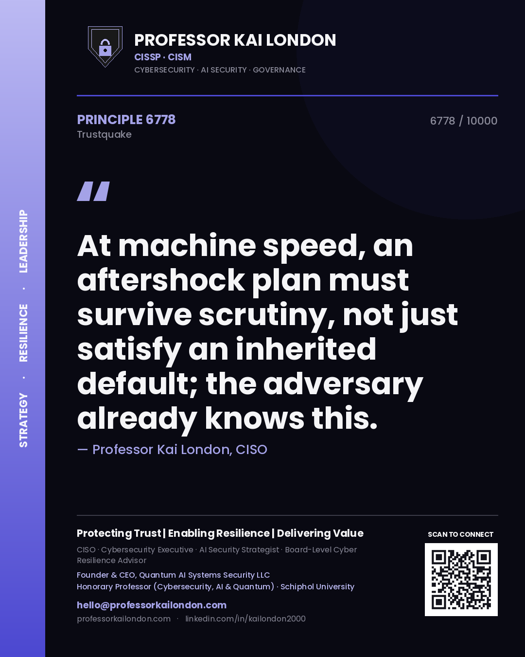 Professor Kai London principle 6778: At machine speed, an aftershock plan must survive scrutiny, not just satisfy an inherited default; the adversary already knows this.