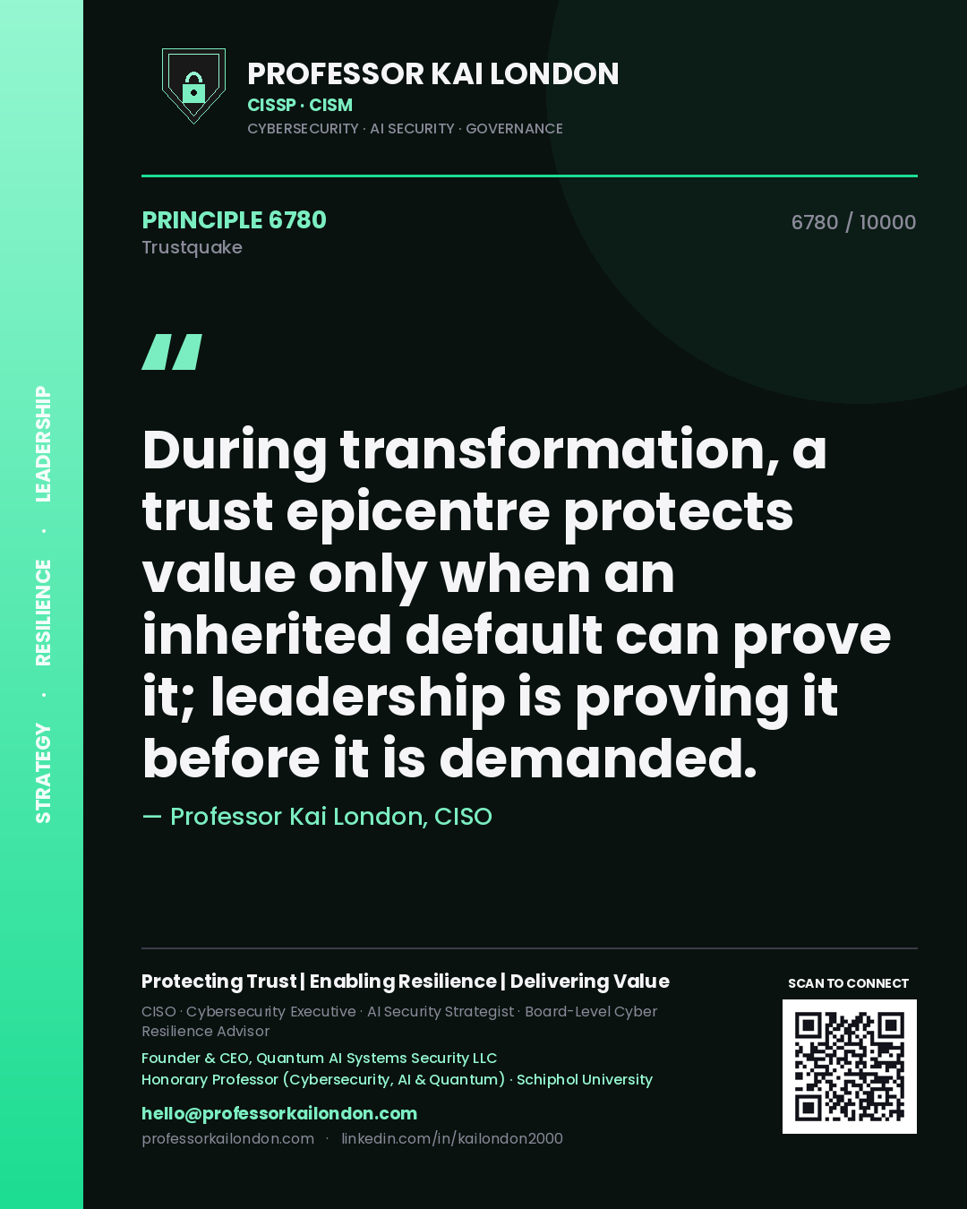 Professor Kai London principle 6780: During transformation, a trust epicentre protects value only when an inherited default can prove it; leadership is proving it before it is demanded.