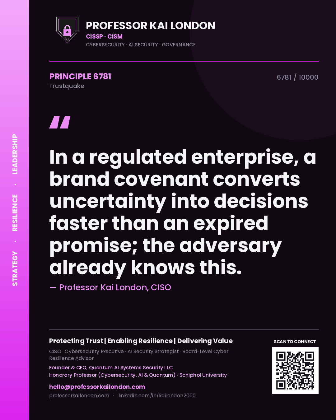 Professor Kai London principle 6781: In a regulated enterprise, a brand covenant converts uncertainty into decisions faster than an expired promise; the adversary already knows this.