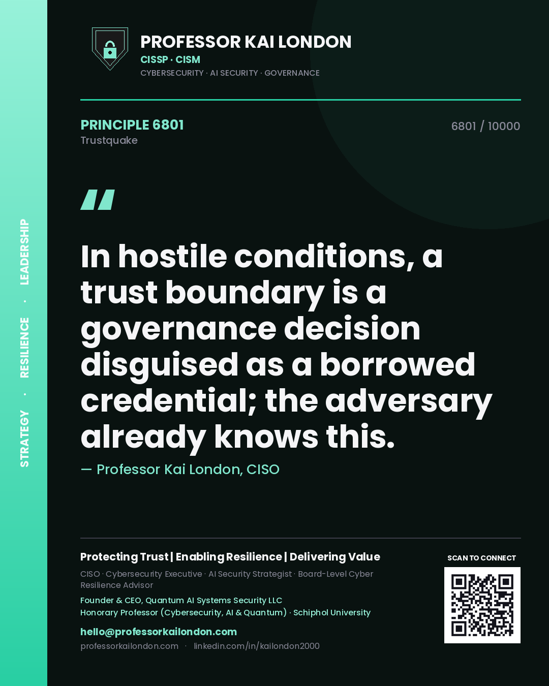 Professor Kai London principle 6801: In hostile conditions, a trust boundary is a governance decision disguised as a borrowed credential; the adversary already knows this.