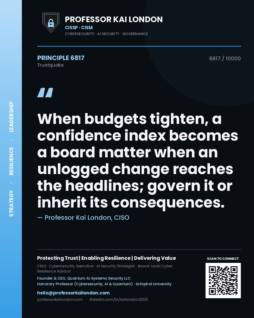 Professor Kai London principle 6817: When budgets tighten, a confidence index becomes a board matter when an unlogged change reaches the headlines; govern it or inherit its consequences.
